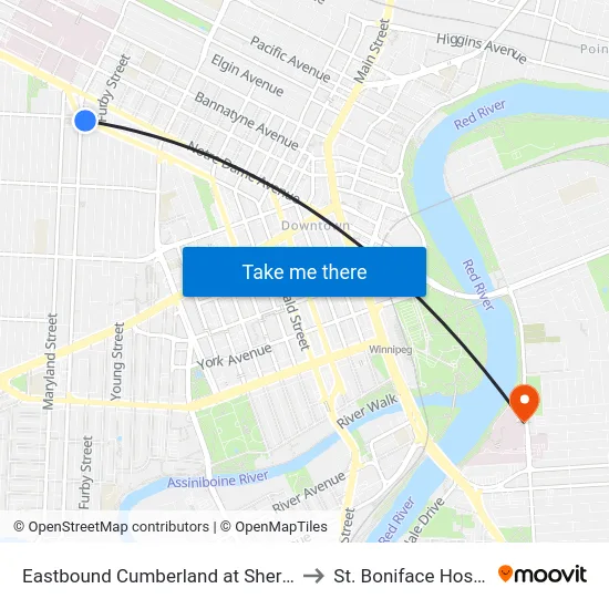 Eastbound Cumberland at Sherbrook to St. Boniface Hospital map