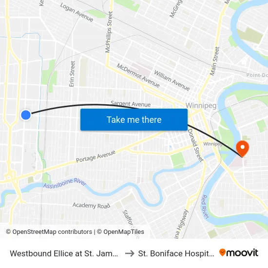 Westbound Ellice at St. James to St. Boniface Hospital map