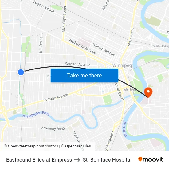 Eastbound Ellice at Empress to St. Boniface Hospital map