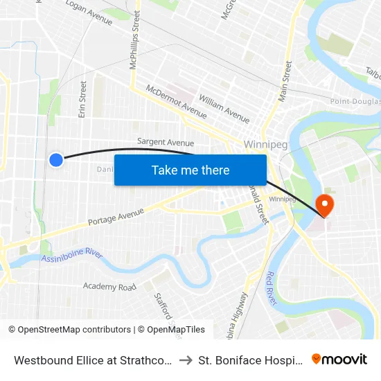Westbound Ellice at Strathcona to St. Boniface Hospital map