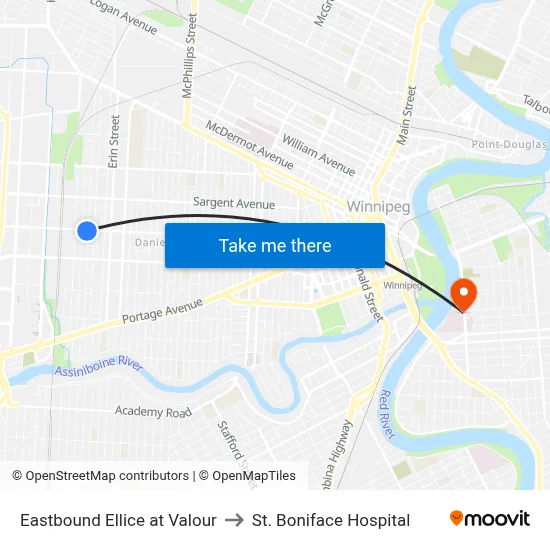 Eastbound Ellice at Valour to St. Boniface Hospital map