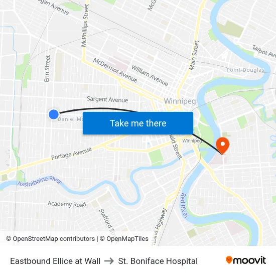 Eastbound Ellice at Wall to St. Boniface Hospital map