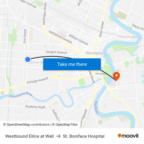 Westbound Ellice at Wall to St. Boniface Hospital map