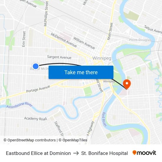 Eastbound Ellice at Dominion to St. Boniface Hospital map