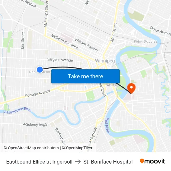 Eastbound Ellice at Ingersoll to St. Boniface Hospital map