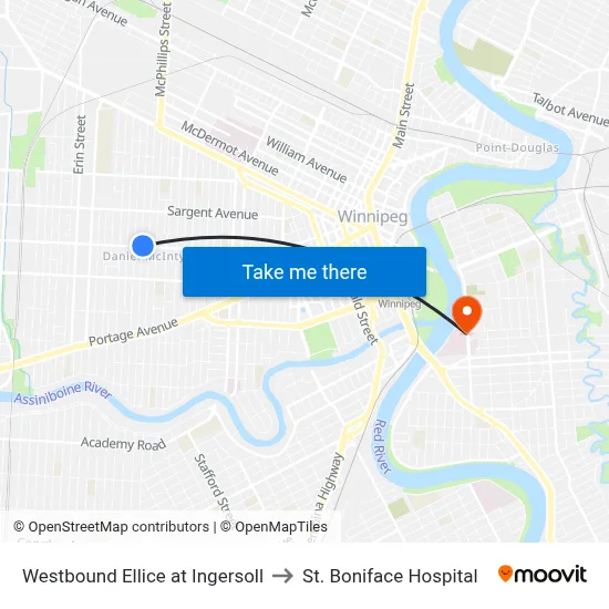 Westbound Ellice at Ingersoll to St. Boniface Hospital map