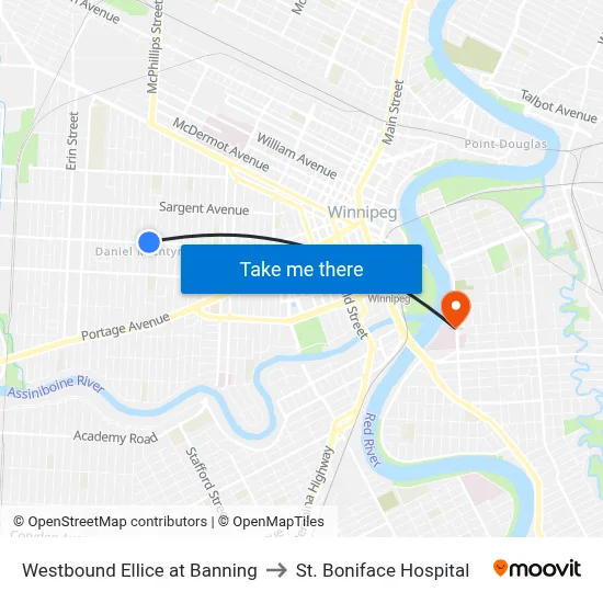 Westbound Ellice at Banning to St. Boniface Hospital map