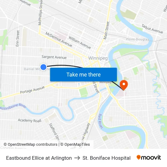 Eastbound Ellice at Arlington to St. Boniface Hospital map