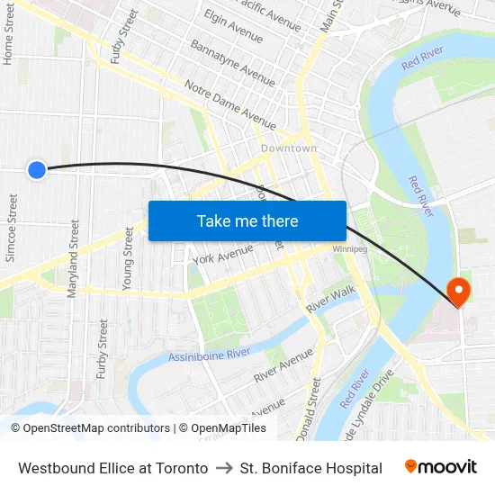 Westbound Ellice at Toronto to St. Boniface Hospital map