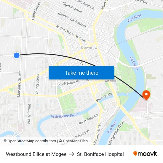 Westbound Ellice at Mcgee to St. Boniface Hospital map