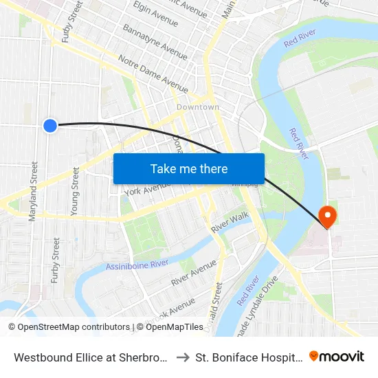 Westbound Ellice at Sherbrook to St. Boniface Hospital map