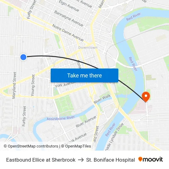 Eastbound Ellice at Sherbrook to St. Boniface Hospital map