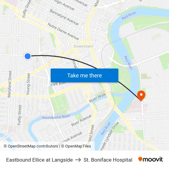Eastbound Ellice at Langside to St. Boniface Hospital map