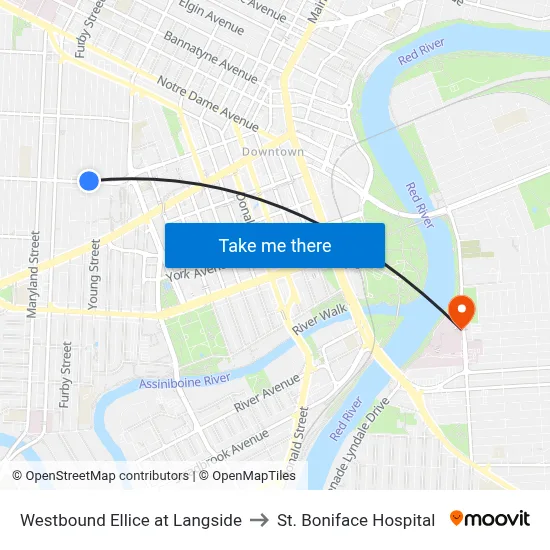 Westbound Ellice at Langside to St. Boniface Hospital map