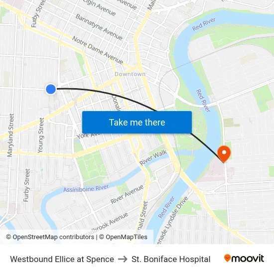 Westbound Ellice at Spence to St. Boniface Hospital map