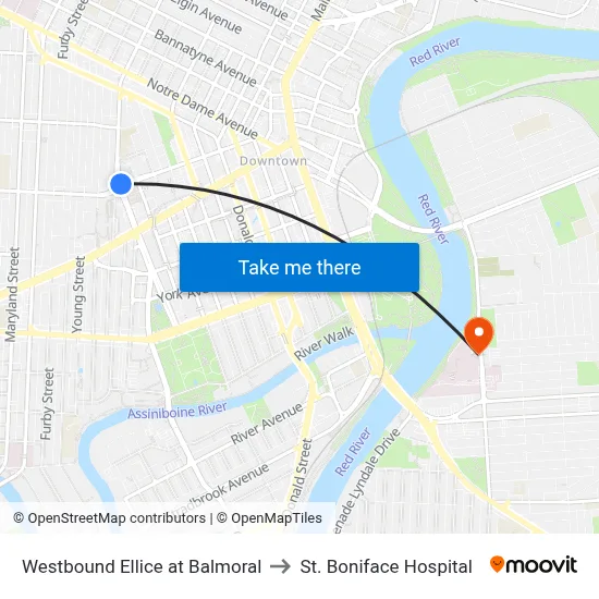 Westbound Ellice at Balmoral to St. Boniface Hospital map
