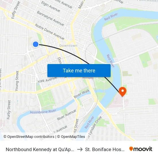 Northbound Kennedy at Qu'Appelle to St. Boniface Hospital map