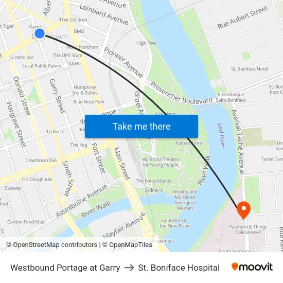 Westbound Portage at Garry to St. Boniface Hospital map