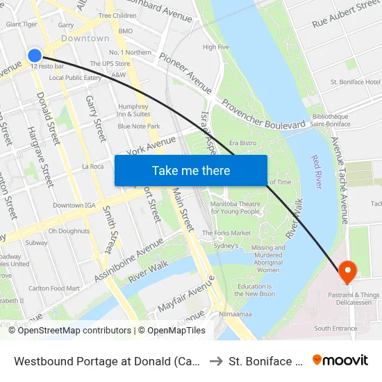 Westbound Portage at Donald (Canada Life Centre) to St. Boniface Hospital map
