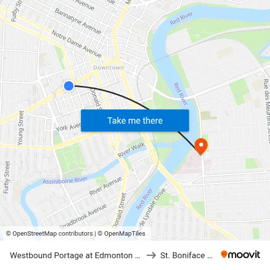 Westbound Portage at Edmonton (Portage Place) to St. Boniface Hospital map