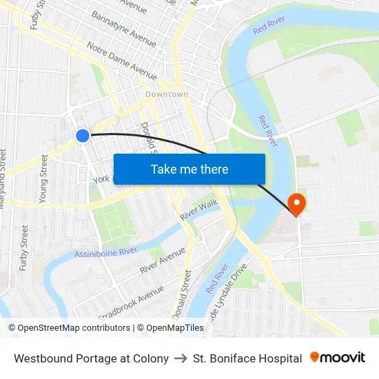 Westbound Portage at Colony to St. Boniface Hospital map