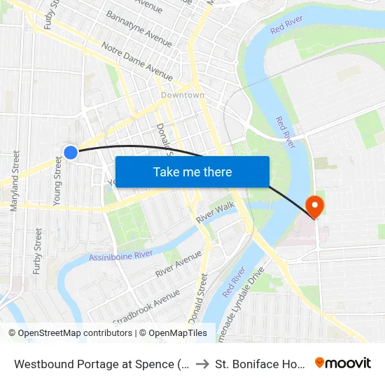 Westbound Portage at Spence (U Of W) to St. Boniface Hospital map