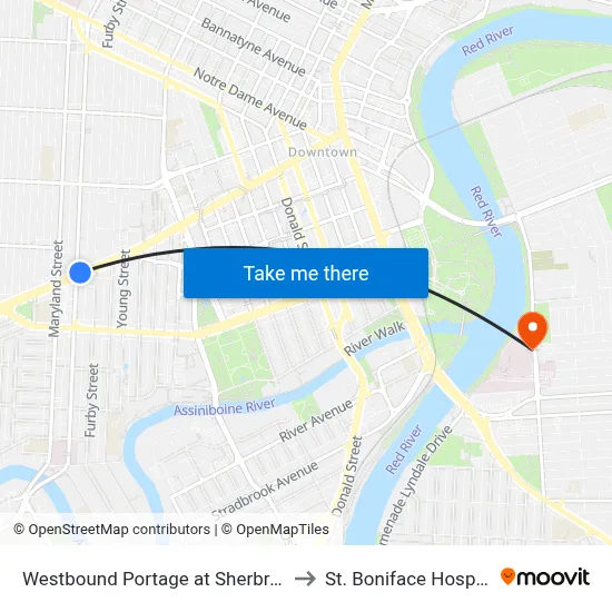 Westbound Portage at Sherbrook to St. Boniface Hospital map
