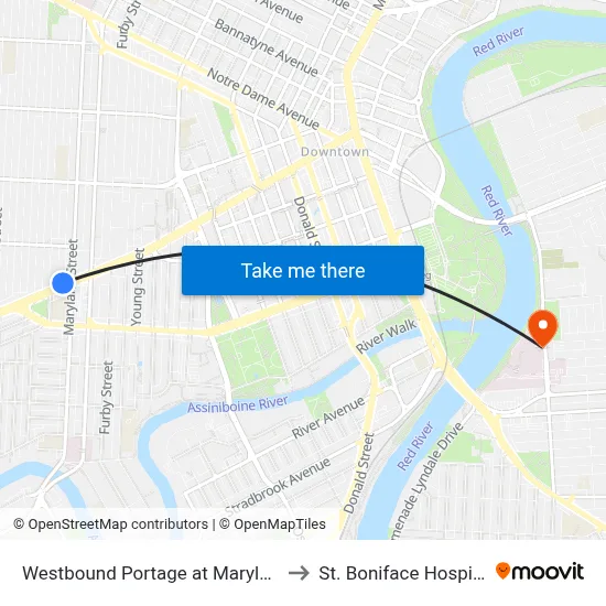 Westbound Portage at Maryland to St. Boniface Hospital map