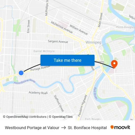 Westbound Portage at Valour to St. Boniface Hospital map