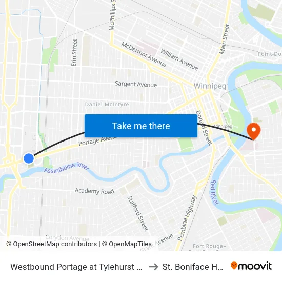 Westbound Portage at Tylehurst (Polo Park) to St. Boniface Hospital map