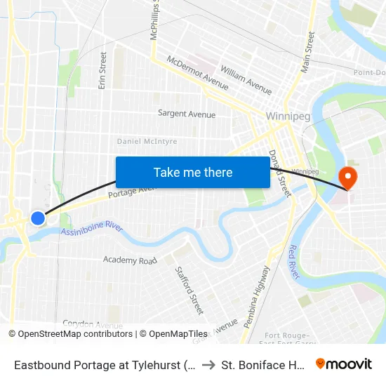Eastbound Portage at Tylehurst (Polo Park) to St. Boniface Hospital map