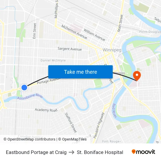 Eastbound Portage at Craig to St. Boniface Hospital map