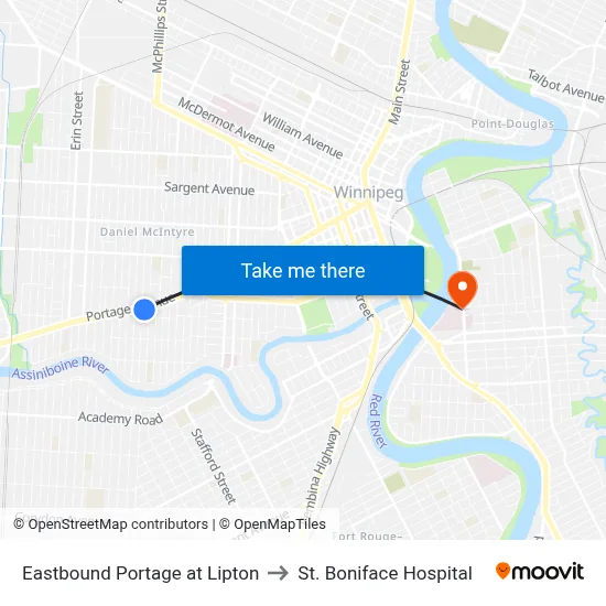 Eastbound Portage at Lipton to St. Boniface Hospital map