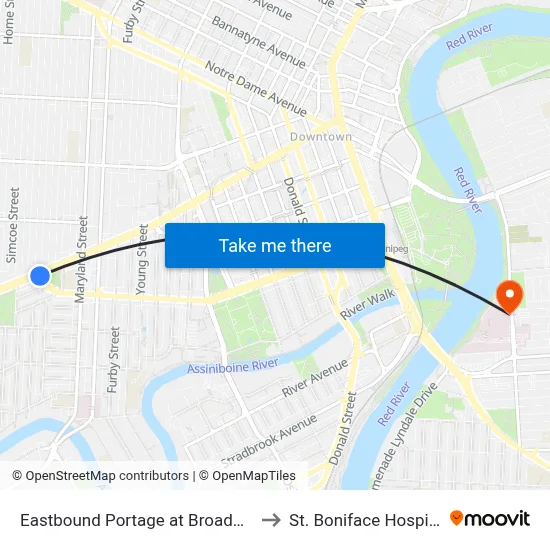 Eastbound Portage at Broadway to St. Boniface Hospital map
