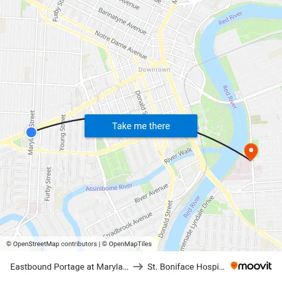 Eastbound Portage at Maryland to St. Boniface Hospital map