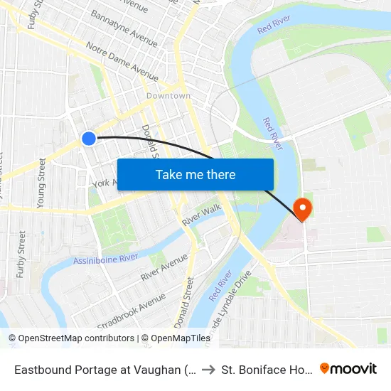 Eastbound Portage at Vaughan (The Bay) to St. Boniface Hospital map