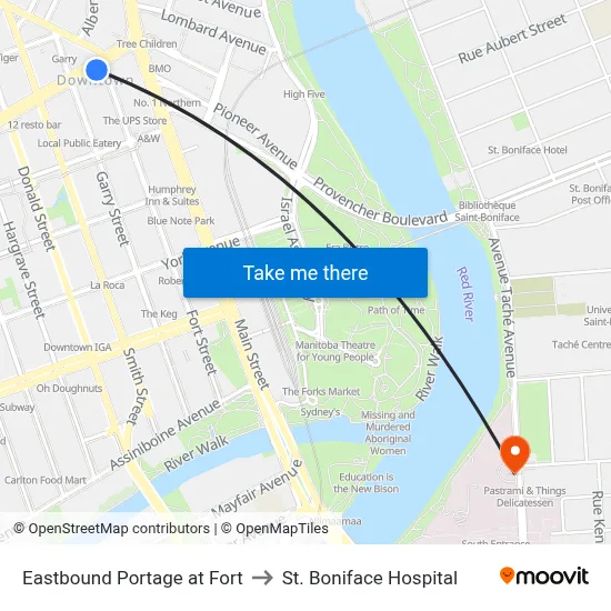 Eastbound Portage at Fort to St. Boniface Hospital map