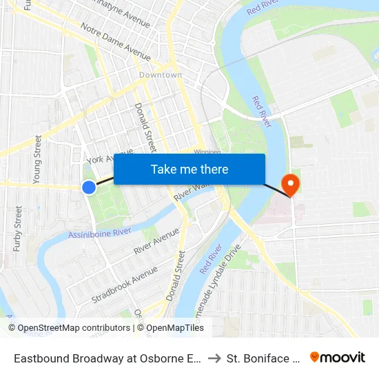 Eastbound Broadway at Osborne East (Legislature) to St. Boniface Hospital map
