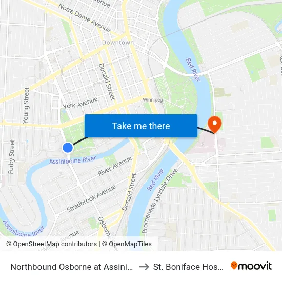Northbound Osborne at Assiniboine to St. Boniface Hospital map