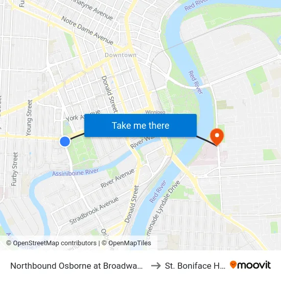 Northbound Osborne at Broadway (Legislature) to St. Boniface Hospital map