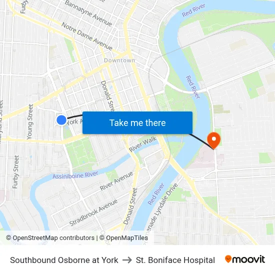 Southbound Osborne at York to St. Boniface Hospital map