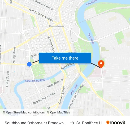 Southbound Osborne at Broadway (Legislature) to St. Boniface Hospital map