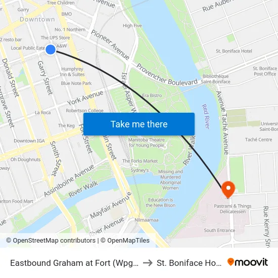 Eastbound Graham at Fort (Wpg Square) to St. Boniface Hospital map