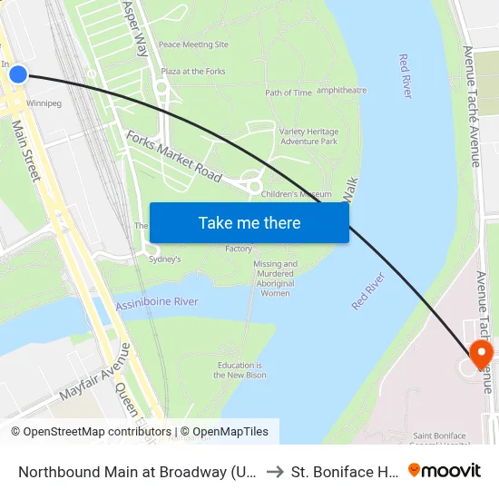 Northbound Main at Broadway (Union Station) to St. Boniface Hospital map