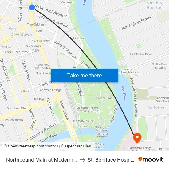 Northbound Main at Mcdermot to St. Boniface Hospital map