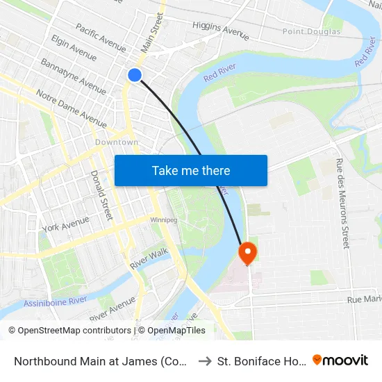 Northbound Main at James (Concert Hall) to St. Boniface Hospital map