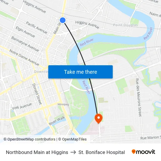 Northbound Main at Higgins to St. Boniface Hospital map