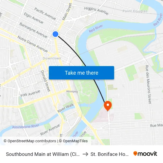 Southbound Main at William (City Hall) to St. Boniface Hospital map