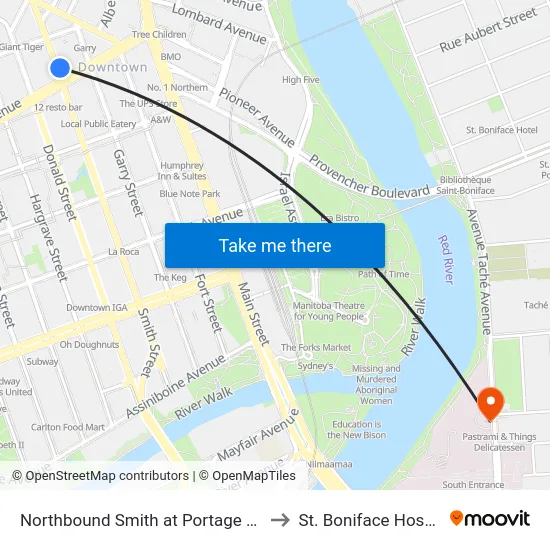 Northbound Smith at Portage North to St. Boniface Hospital map