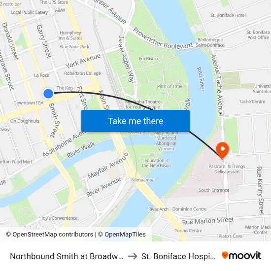 Northbound Smith at Broadway to St. Boniface Hospital map